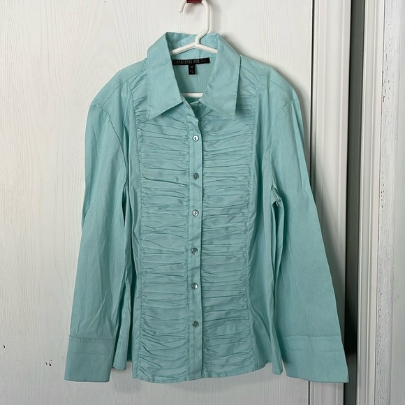 Lafayette 148 New York NWOT Striped Blue/White Ruffled Button Down Size 10 - Picture 1 of 8